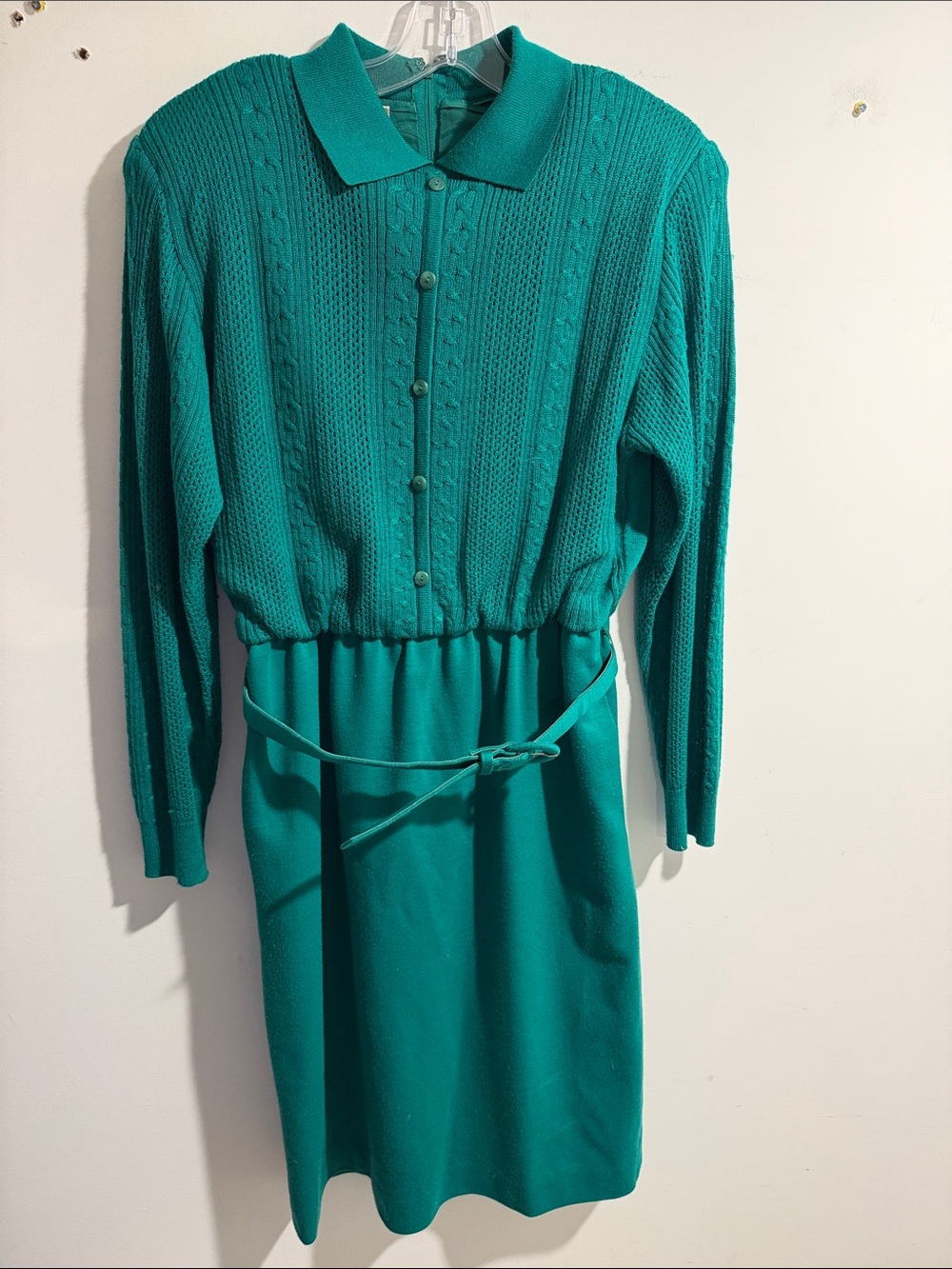 Vintage Talbots Wool Blend Teal Long Sleeve Knit Belted Dress Size 10 Petite